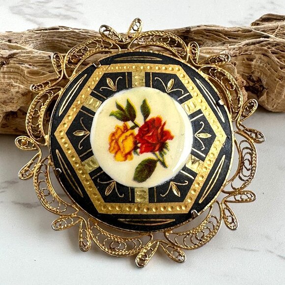 Vintage Filigree Damascene Guilloche Rose Brooch With Yellow & Red Floral Design - Picture 1 of 10